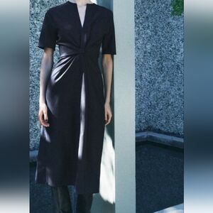 Zara ZW Collection Navy Blue Wool Blend Draped Midi  Dress Sz S